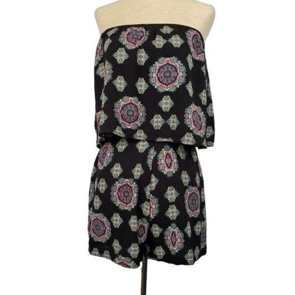 Socialite Womens romper sz XS black with colorful graphic strapless summer BOHO